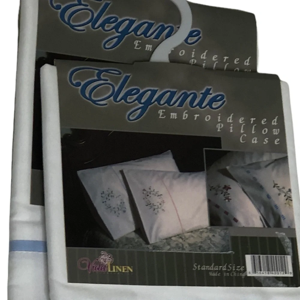 Violet Linen Elegante Pillow Cases Standard Size White- Blue Floral Embroidery